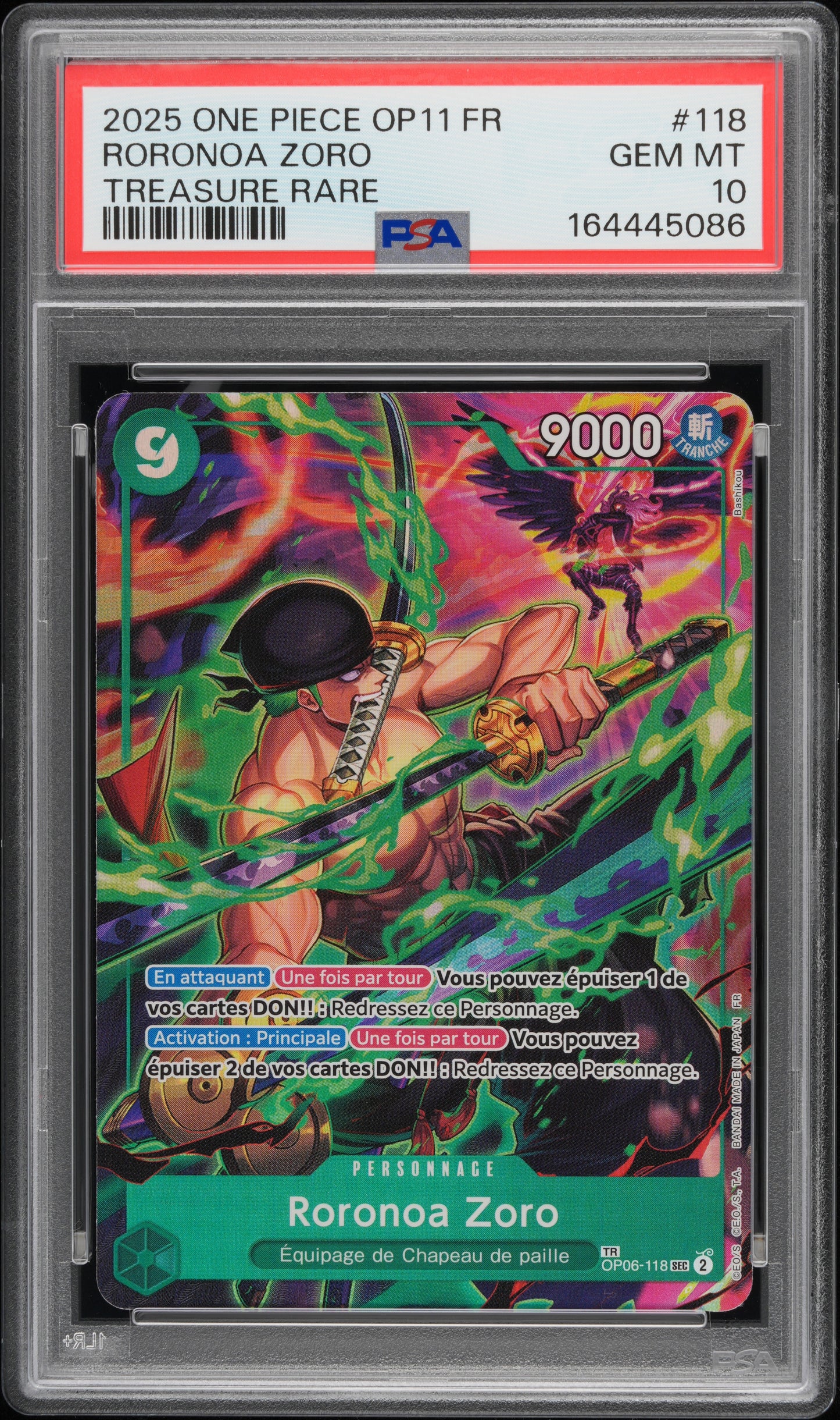 2025 ONE PIECE FRENCH OP11-A FIST OF DIVINE SPEED 118 RORONOA ZORO TREASURE RARE PSA 10
