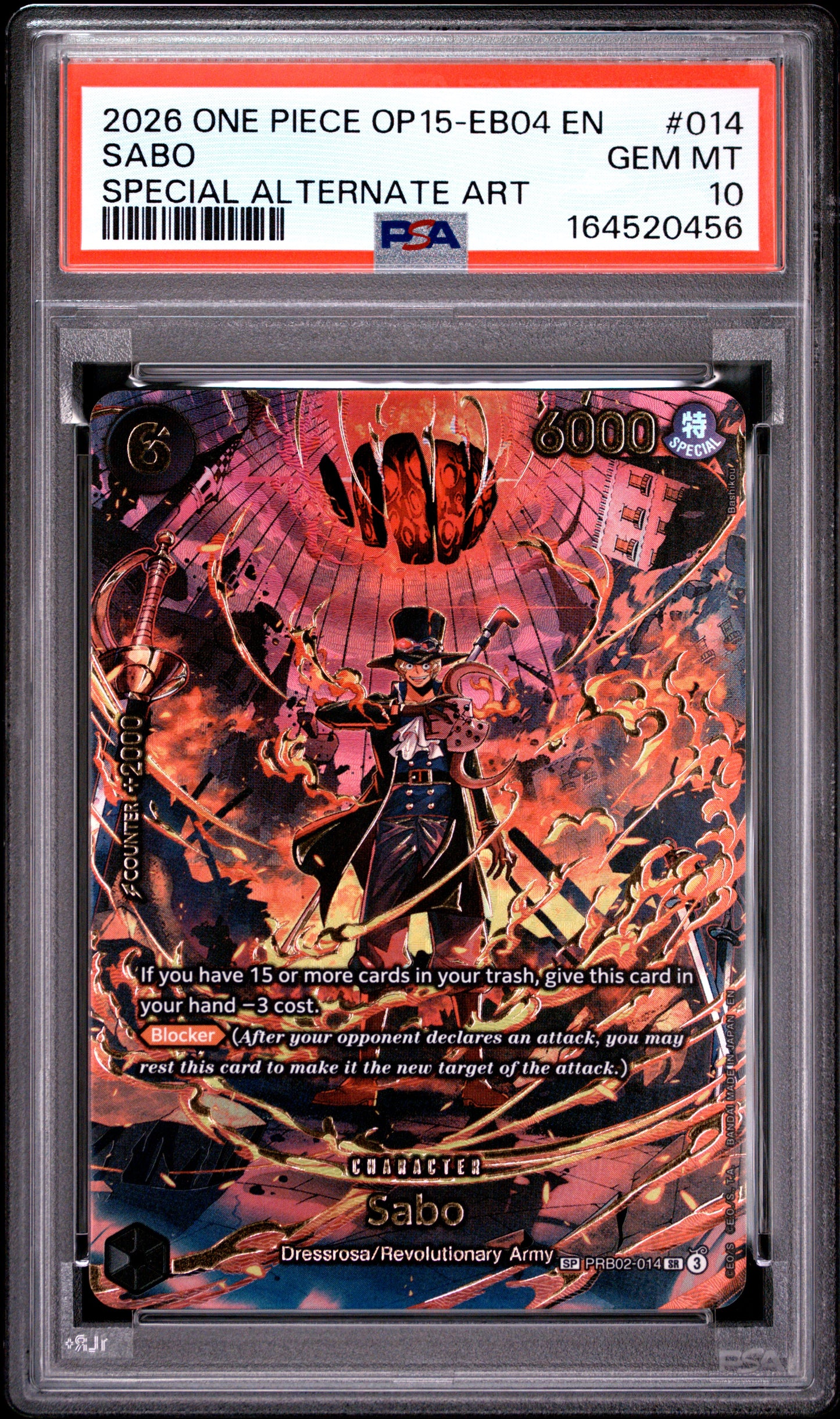 2026 ONE PIECE OP15-EB04-ADVENTURE ON KAMI'S ISLAND 014 SABO SPECIAL ALTERNATE ART PSA 10