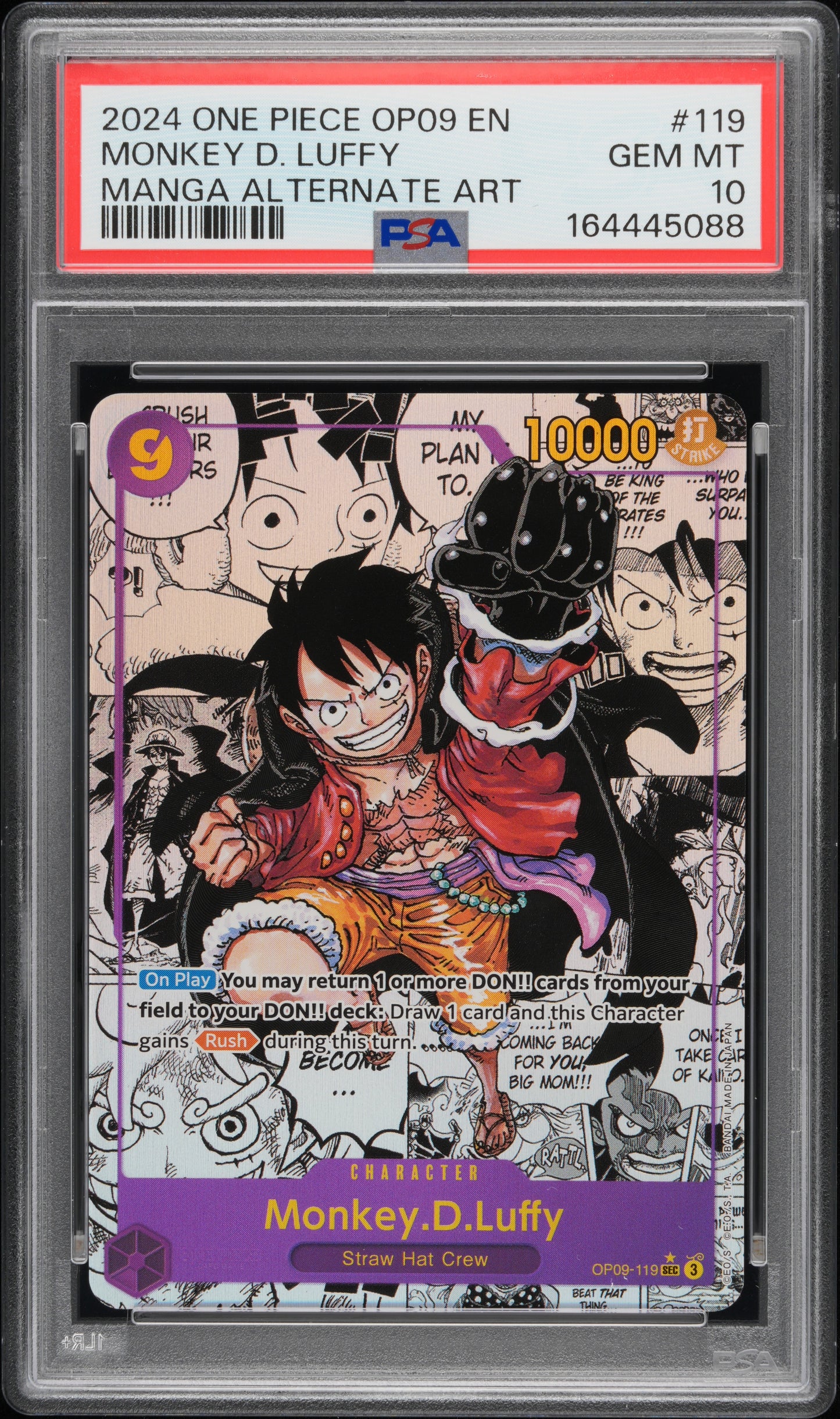2024 ONE PIECE OP09-EMPERORS IN THE NEW WORLD 119 MONKEY D. LUFFY MANGA ALTERNATE ART PSA 10
