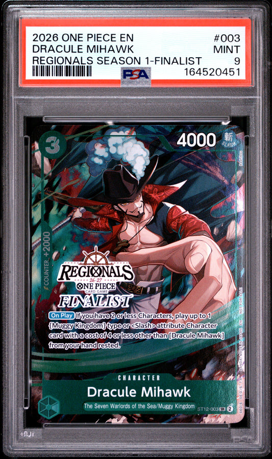 2026 ONE PIECE REGIONALS PACK 2026 SEASON 1 003 DRACULE MIHAWK FINALIST PSA 9