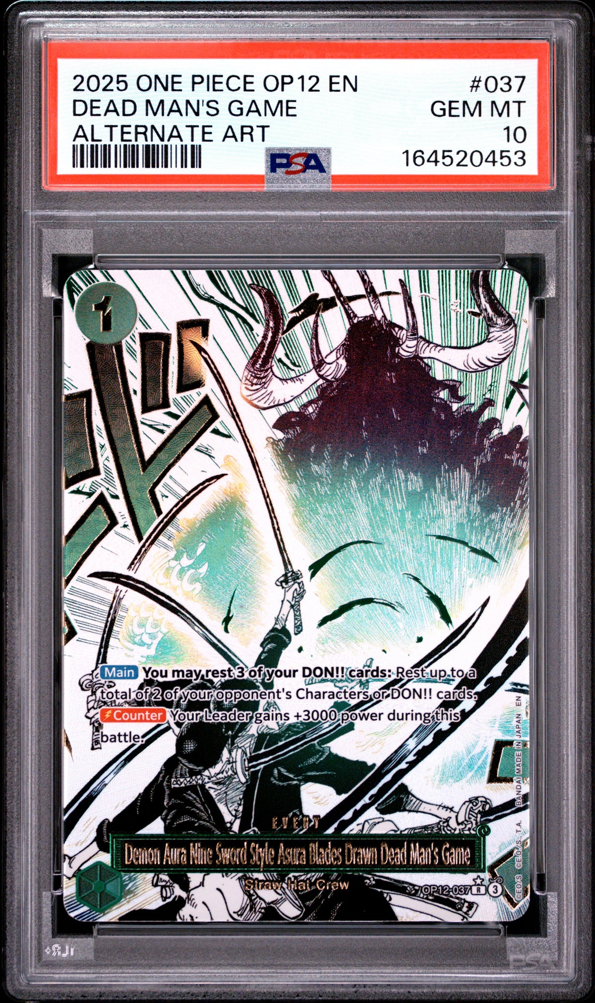 2025 ONE PIECE OP12-LEGACY OF THE MASTER 037 DEMON AURA NINE-SWORD STYLE ASURA BLADES DRAWN DEAD MAN'S GAME ALTERNATE ART PSA 10