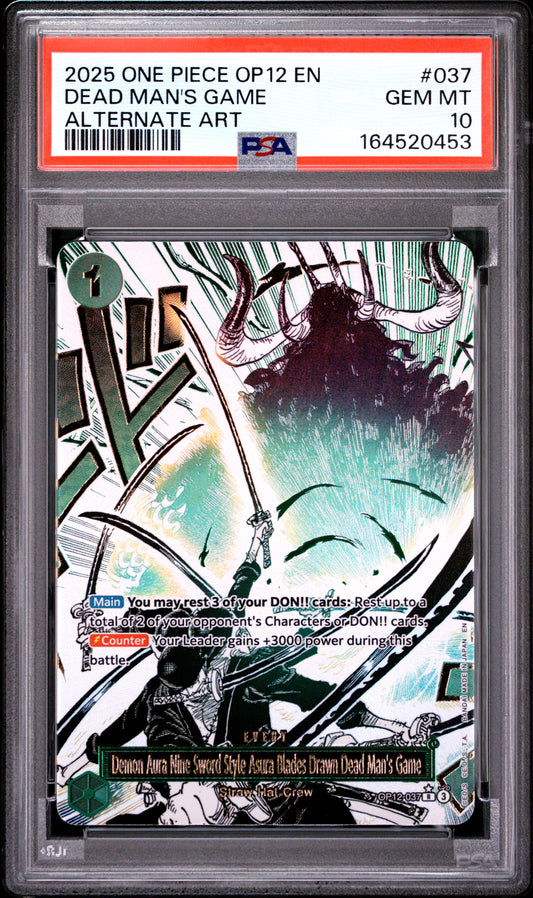2025 ONE PIECE OP12-LEGACY OF THE MASTER 037 DEMON AURA NINE-SWORD STYLE ASURA BLADES DRAWN DEAD MAN'S GAME ALTERNATE ART PSA 10