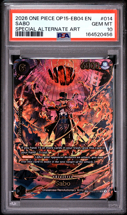 2026 ONE PIECE OP15-EB04-ADVENTURE ON KAMI'S ISLAND 014 SABO SPECIAL ALTERNATE ART PSA 10