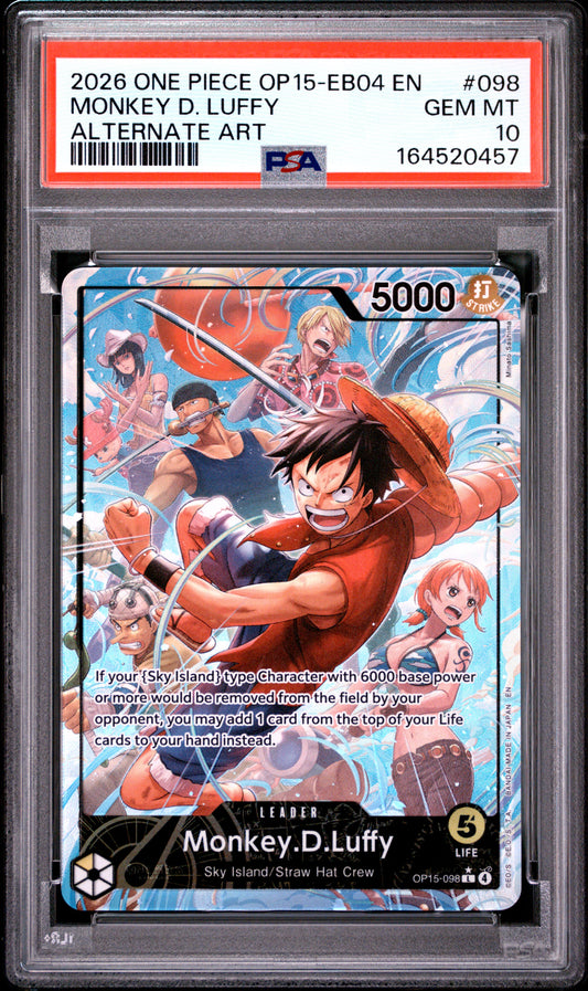 2026 ONE PIECE OP15-EB04-ADVENTURE ON KAMI'S ISLAND 098 MONKEY D. LUFFY ALTERNATE ART PSA 10