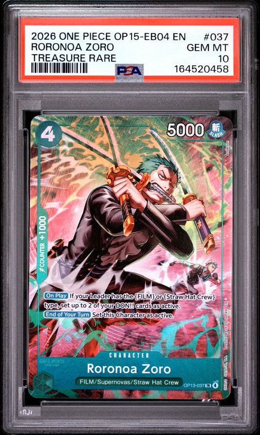 2026 ONE PIECE OP15-EB04-ADVENTURE ON KAMI'S ISLAND 037 RORONOA ZORO TREASURE RARE PSA 10