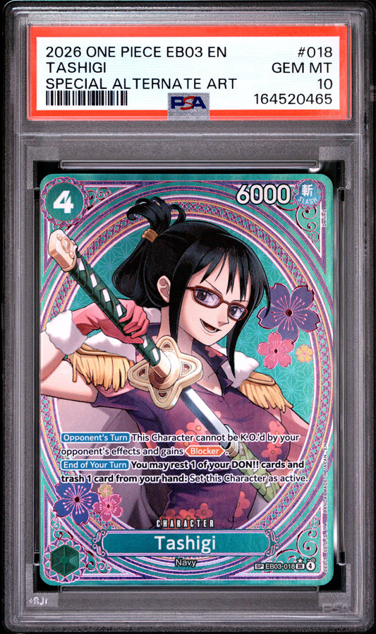 2026 ONE PIECE EB03-EXTRA BOOSTER -ONE PIECE HEROINES EDITION- 018 TASHIGI SPECIAL ALTERNATE ART PSA 10