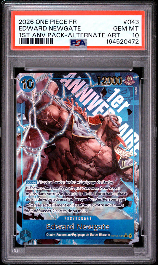 2026 ONE PIECE FRENCH 1ST ANNIVERSARY PACK 043 EDWARD NEWGATE ALTERNATE ART PSA 10