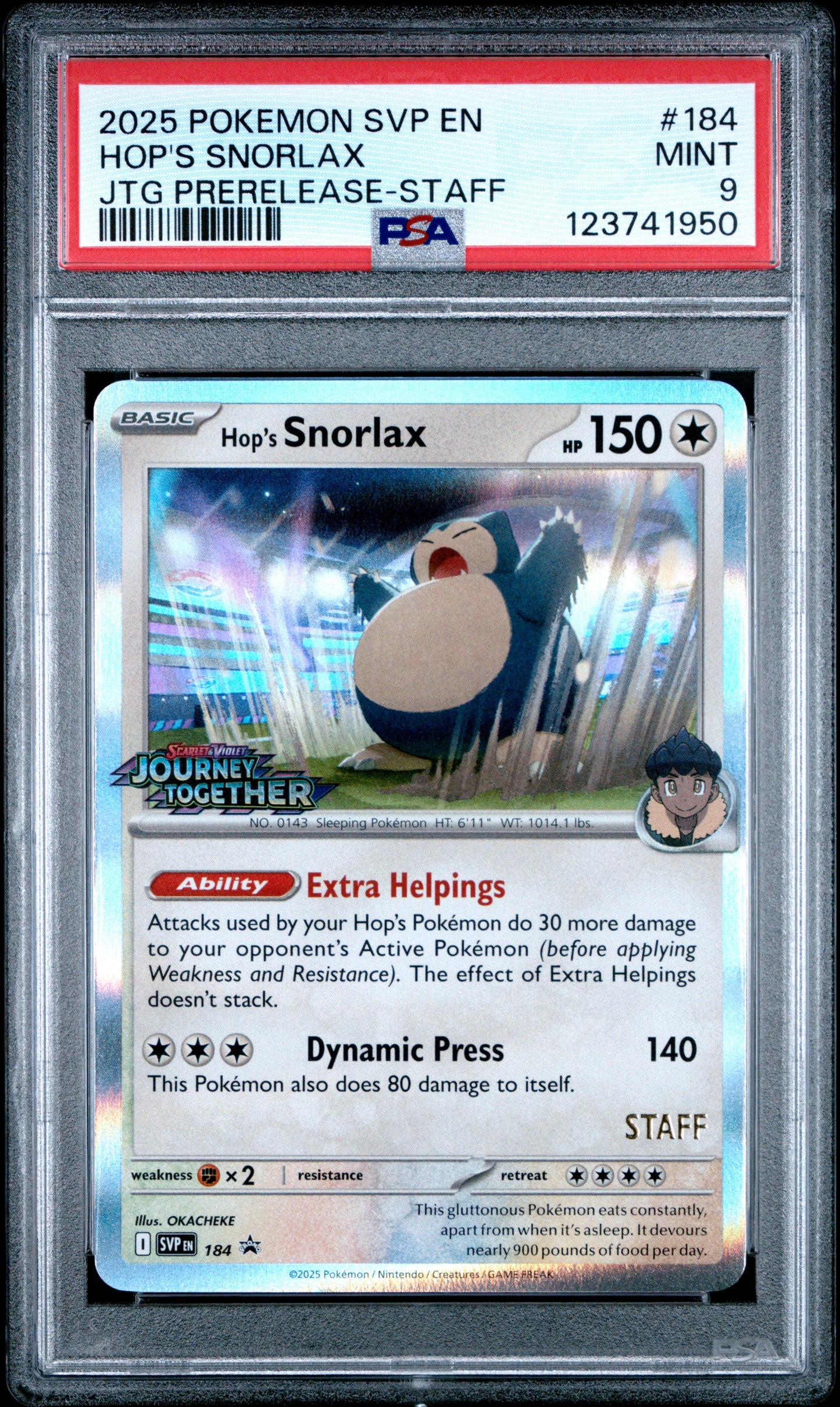 Hop's Snorlax 184/159 Journey Together Prerelease-staff Pokemon PSA 9