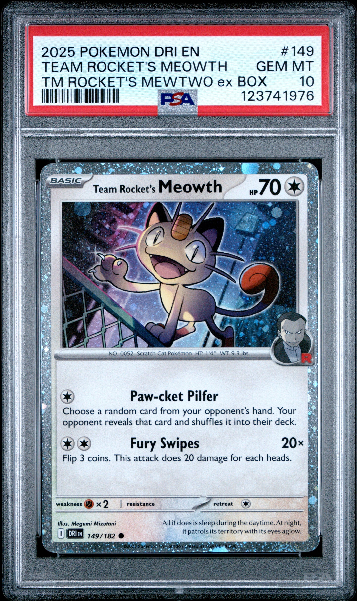 Team Rocket's Meowth 149/182 Mewtwo EX Box Dri En-destined Rivals Pokemon PSA 10