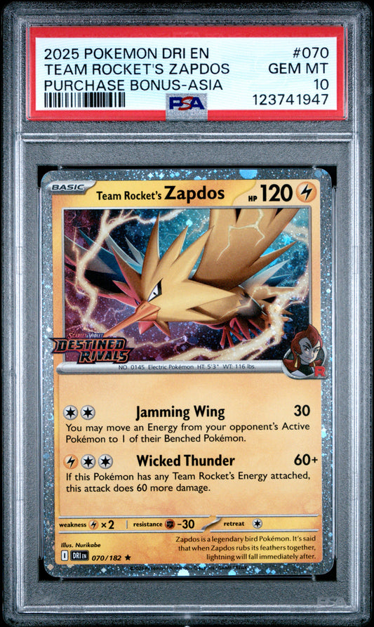Team Rocket's Zapdos 070/182 Purchase Bonus-asia Pokemon PSA 10